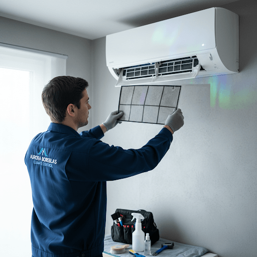 Técnico da Boreal Ar-Condicionado realizando manutenção preventiva e limpeza de filtro em unidade split residencial.