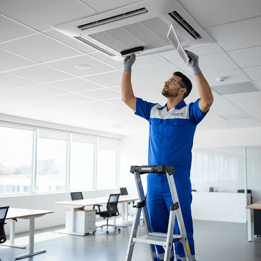 Técnico especializado realizando manutenção e limpeza de filtro em ar-condicionado k7/cassete em escritório moderno.